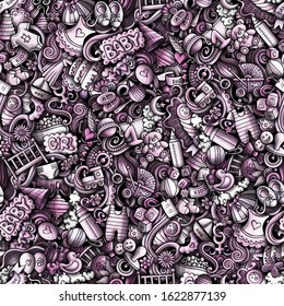 Cartoon cute doodles hand drawn Baby seamless pattern. Monochrome detailed, with lots of objects background. Endless funny vector illustration. All objects separate.