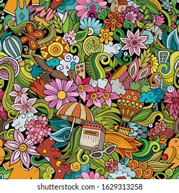 Cartoon cute doodles hand drawn Spring seamless pattern. Colorful detailed, with lots of objects background. Endless funny vector illustration. All objects separate.