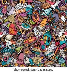 Cartoon cute doodles hand drawn Cleaning seamless pattern. Colorful detailed, with lots of objects background. Endless funny vector illustration. All objects separate.