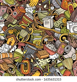 Cartoon cute doodles hand drawn Cleaning seamless pattern. Colorful detailed, with lots of objects background. Endless funny vector illustration. All objects separate.