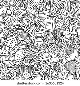 Cartoon cute doodles hand drawn Cleaning seamless pattern. Line art detailed, with lots of objects background. Endless funny vector illustration. All objects separate.