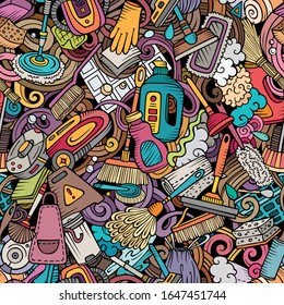 Cartoon cute doodles hand drawn Cleaning seamless pattern. Colorful detailed, with lots of objects background. Endless funny vector illustration. All objects separate.