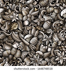 Cartoon cute doodles hand drawn Happy Easter seamless pattern. Monochrome detailed, with lots of objects background. Endless funny vector illustration. All objects separate.