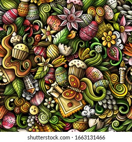Caricatura lindos doodles dibujados a mano Feliz Pascua sin fisuras. Colorido y detallado, con muchos objetos de fondo. Ilustración vectorial interminable. Todos los objetos se separan.