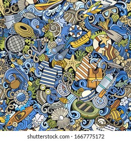 Cartoon cute doodles hand drawn Marine seamless pattern. Colorful detailed, with lots of objects background. Endless funny vector illustration. All objects separate.