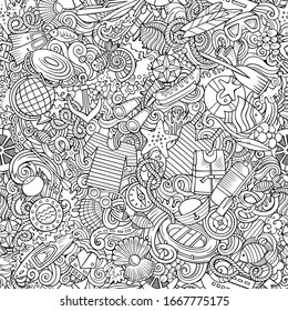 Cartoon cute doodles hand drawn Marine seamless pattern. Line art detailed, with lots of objects background. Endless funny vector illustration. All objects separate.