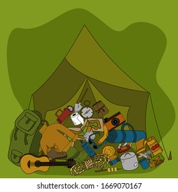 Cartoon cute doodles hand drawn Camp illustration. Colorful detailed, with lots of objects background. Funny vector artwork. Bright colors picture with picnic theme items.
