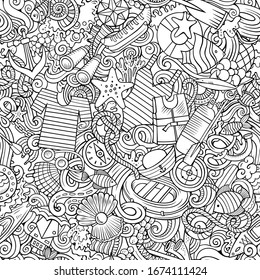 Cartoon cute doodles hand drawn Marine seamless pattern. Line art detailed, with lots of objects background. Endless funny vector illustration. All objects separate.