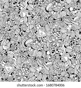 Cartoon cute doodles hand drawn Happy Easter seamless pattern. Line art detailed, with lots of objects background. Endless funny vector illustration. All objects separate.