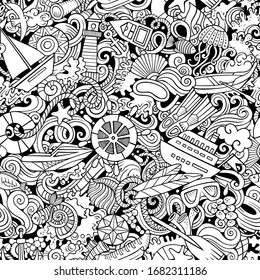 Cartoon cute doodles hand drawn Marine seamless pattern. Line art detailed, with lots of objects background. Endless funny vector illustration. All objects separate.