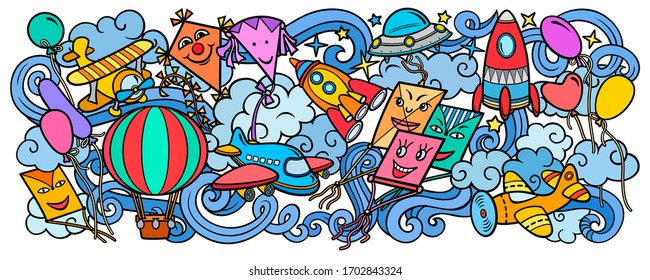 Cartoon cute doodles hand drawn kids toys illustration. Many objects vector background. Funny artwork. 