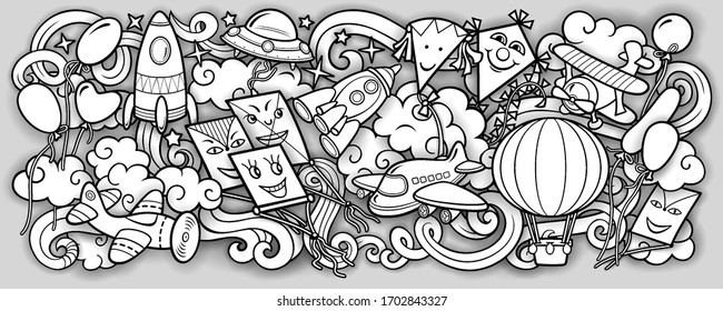 Cartoon cute doodles hand drawn kids toys illustration. Many objects vector background. Funny artwork. 