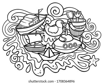 Cartoon cute doodles hand drawn kids toys illustration. Many objects vector background. Funny artwork. 