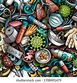 Cartoon cute doodles hand drawn Epidemic seamless pattern. Colorful detailed, with lots of objects background. Endless funny vector illustration. All objects separate.