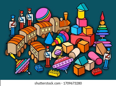 Cartoon cute doodles hand drawn kids toys illustration. Many objects vector background. Funny artwork. 