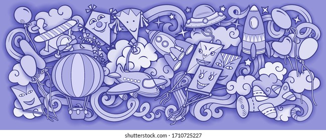 Cartoon cute doodles hand drawn kids toys illustration. Many objects vector background. Funny artwork. 