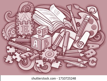 Cartoon cute doodles hand drawn kids toys illustration. Many objects vector background. Funny artwork. 