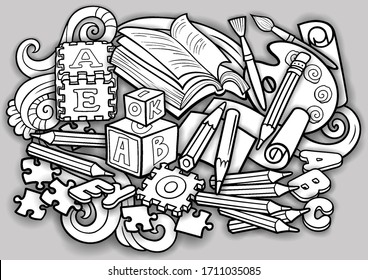 Cartoon cute doodles hand drawn kids toys illustration. Many objects vector background. Funny artwork. 