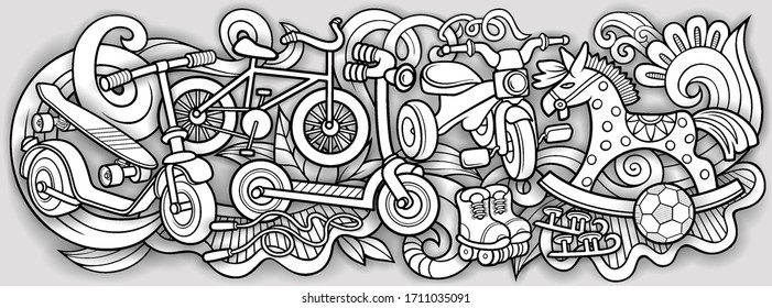 Cartoon cute doodles hand drawn kids toys illustration. Many objects vector background. Funny artwork. 