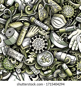 Cartoon cute doodles hand drawn Epidemic seamless pattern. Monochrome detailed, with lots of objects background. Endless funny vector illustration. All objects separate.