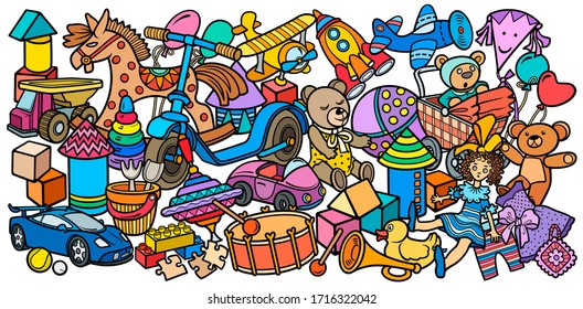Cartoon cute doodles hand drawn kids toys illustration. Many objects vector background. Funny artwork. 
