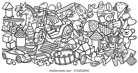 Cartoon cute doodles hand drawn kids toys illustration. Many objects vector background. Funny artwork. 