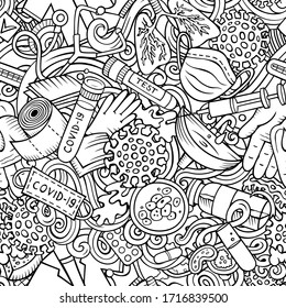 Cartoon cute doodles hand drawn Epidemic seamless pattern. Line art detailed, with lots of objects background. Endless funny vector illustration. All objects separate.