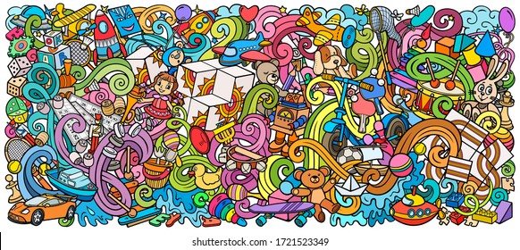Cartoon cute doodles hand drawn kids toys illustration. Many objects vector background. Funny artwork. 
