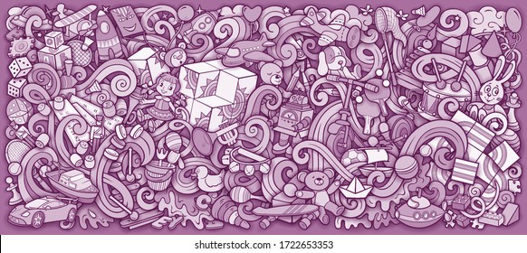 Cartoon cute doodles hand drawn kids toys illustration. Many objects vector background. Funny artwork. 
