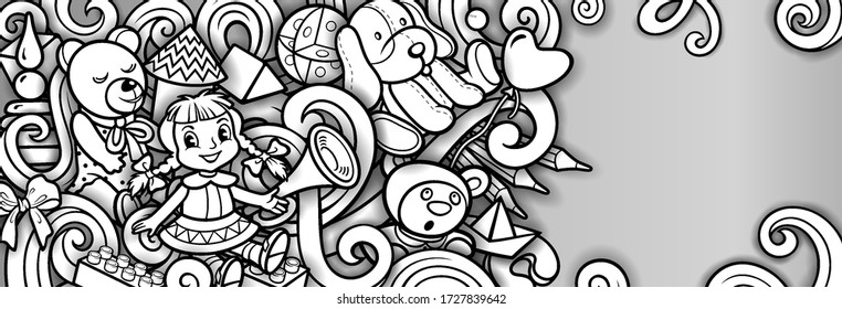 Cartoon cute doodles hand drawn kids toys illustration. Many objects vector background. Funny artwork. 