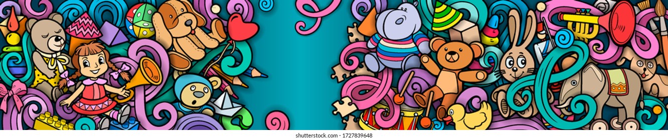 Cartoon cute doodles hand drawn kids toys illustration. Many objects vector background. Funny banner. 