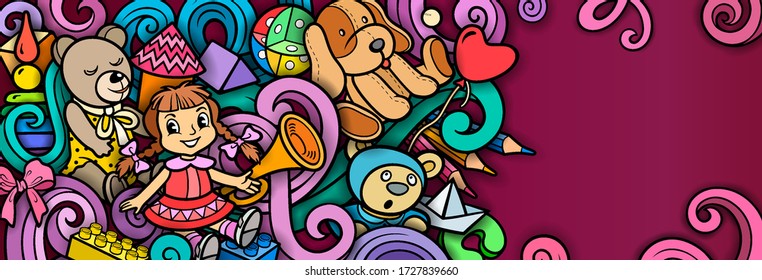 Cartoon cute doodles hand drawn kids toys illustration. Many objects vector background. Funny banner. 