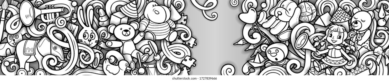 Cartoon cute doodles hand drawn kids toys illustration. Many objects vector background. Funny artwork. 