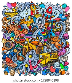 Cartoon cute doodles hand drawn kids toys illustration. Many objects vector background. Funny artwork. 
