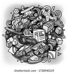 Cartoon cute doodles hand drawn kids toys illustration. Many objects vector background. Funny composition. 