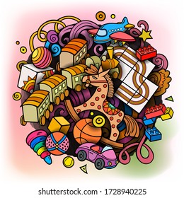 Cartoon cute doodles hand drawn kids toys illustration. Many objects vector background. Funny composition. 
