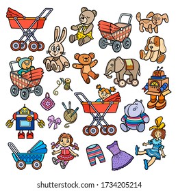 Cartoon cute doodles hand drawn kids toys objects set. Funny artwork. 