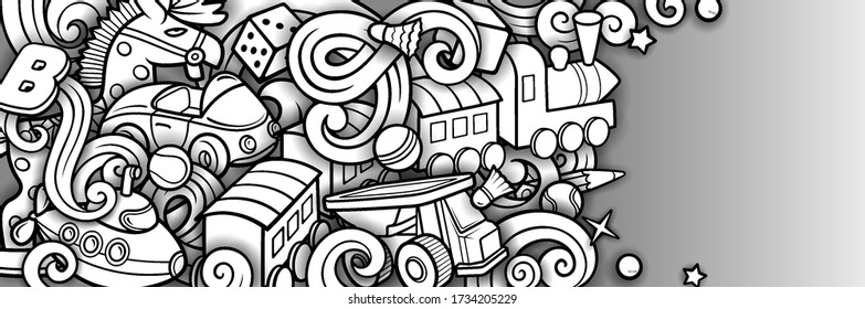 Cartoon cute doodles hand drawn kids toys illustration. Many objects vector background. Funny artwork. 