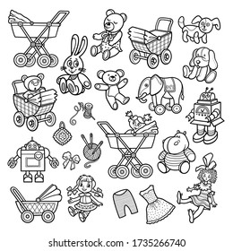 Cartoon cute doodles hand drawn kids toys objects set. Funny sketchy artwork. 