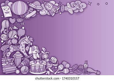 Cartoon cute doodles hand drawn kids toys illustration. Many objects vector background. Funny frame banner. 
