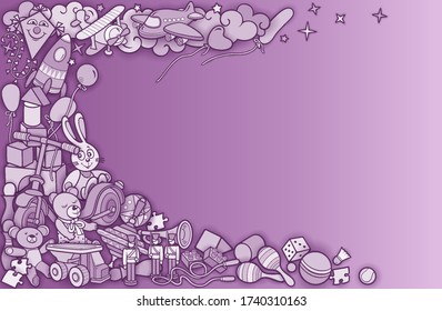 Cartoon cute doodles hand drawn kids toys illustration. Many objects vector background. Funny frame banner. 