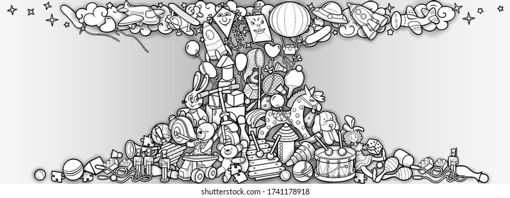 Cartoon cute doodles hand drawn kids toys illustration. Many objects vector background. Funny frame banner. 