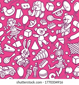 Cartoon cute doodles hand drawn kids toys seamless pattern. Many objects vector background. Funny colorful artwork. 
