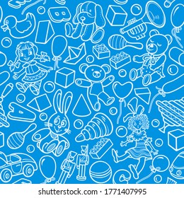 Cartoon cute doodles hand drawn kids toys seamless pattern. Many objects vector background. Funny colorful artwork. 