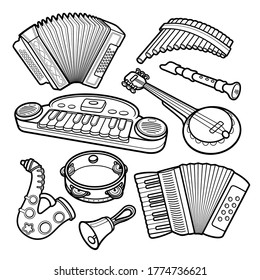 Cartoon cute doodles hand drawn musical kids toys objects set. Funny artwork. 