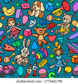 Cartoon cute doodles hand drawn kids toys seamless pattern. Many objects vector background. Funny colorful artwork. 