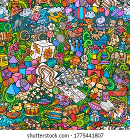 Cartoon cute doodles hand drawn kids toys seamless pattern. Many objects vector background. Funny colorful artwork. 