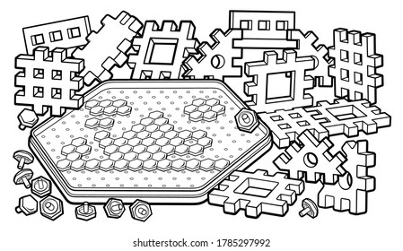 Cartoon cute doodles hand drawn kids toys and board games illustration. Many objects vector background. Funny artwork. 