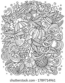 Cartoon cute doodles hand drawn autumn illustration. Line art detailed, with lots of objects background. Funny vector artwork. Sketchy picture with fall season theme items