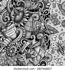 Cartoon cute doodles hand drawn Honey frame design. Graphic detailed, with lots of objects background. Funny vector illustration. Monochrome border with sweet food theme items
